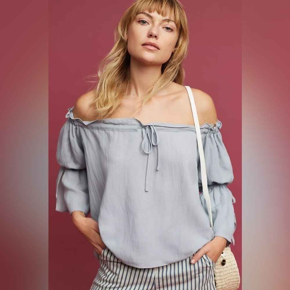 NWT XL Anthropologie Maeve Aden Off the shoulder top hazy blue Easy Vacay Cruise